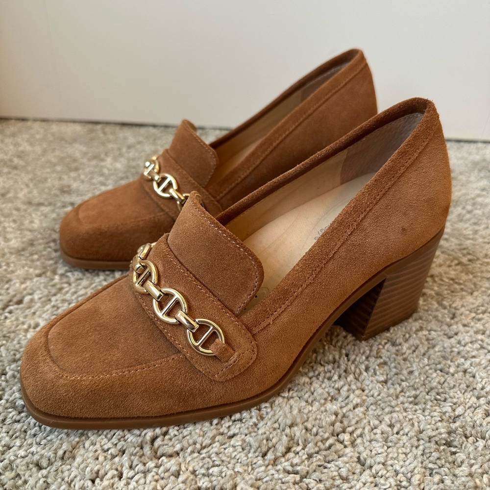 Alex Marie Tan Suede Loafers with Gold Chain